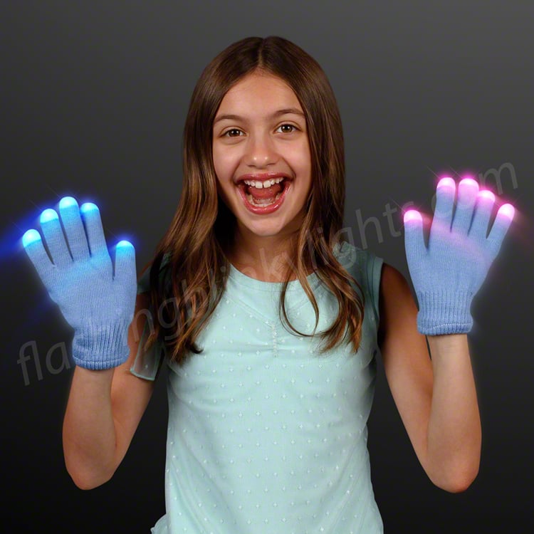 Child wearing blue LED Let-It-Glow Gloves with glowing white, blue, and pink fingertips.
