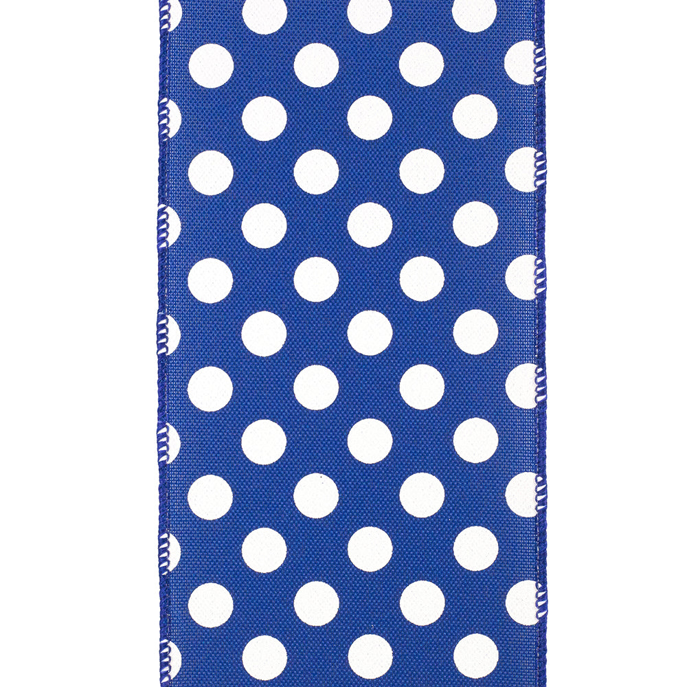 Blue polyester ribbon with white polka dots and a wired edge, 4 inches wide.