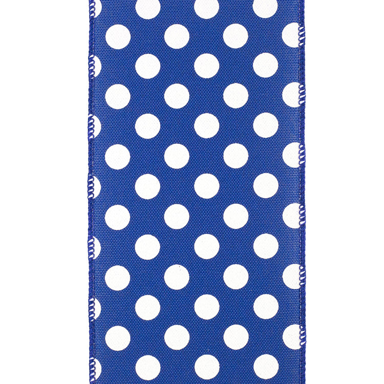 Blue polyester ribbon with white polka dots and a wired edge, 4 inches wide.