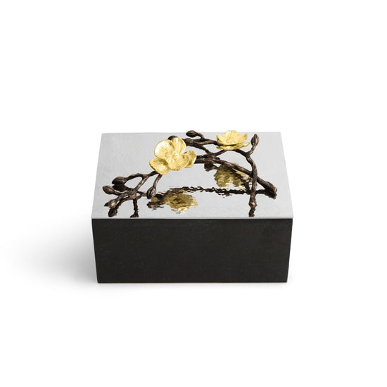 Gold Orchid Urn with granite base, stainless steel lid, and oxidized brass orchid branch handle.