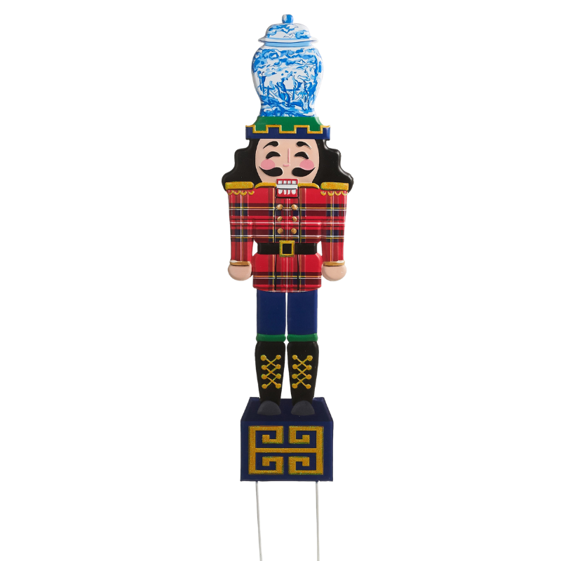 44.5-inch metal nutcracker yard stake with a plaid jacket, blue pants, and a ginger jar hat.