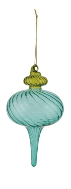 Two-tone glass finial ornament with a ribbed texture in lime green and teal blue.