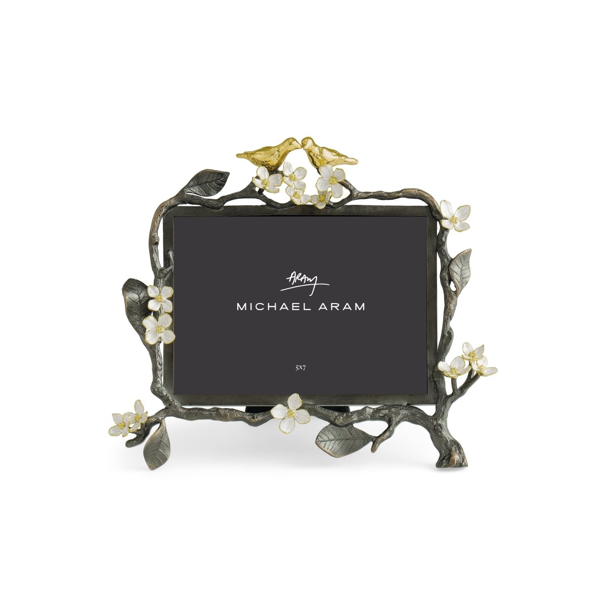 Oxidized goldtone metal frame with white enamel finish holding a 5x7 photo.