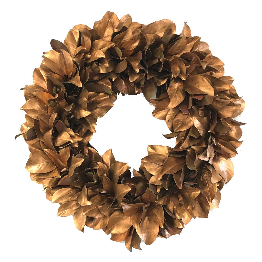 36-inch golden magnolia leaf wreath with a full, layered design and metallic finish.