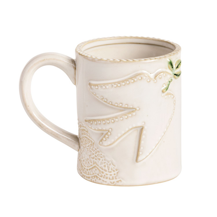 White Christmas Mug featuring a raised dove icon with green leaf detail and reactive glaze finish.