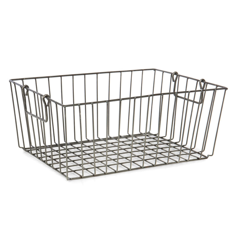 Rectangular wire storage basket in a dark metal finish with side handles.
