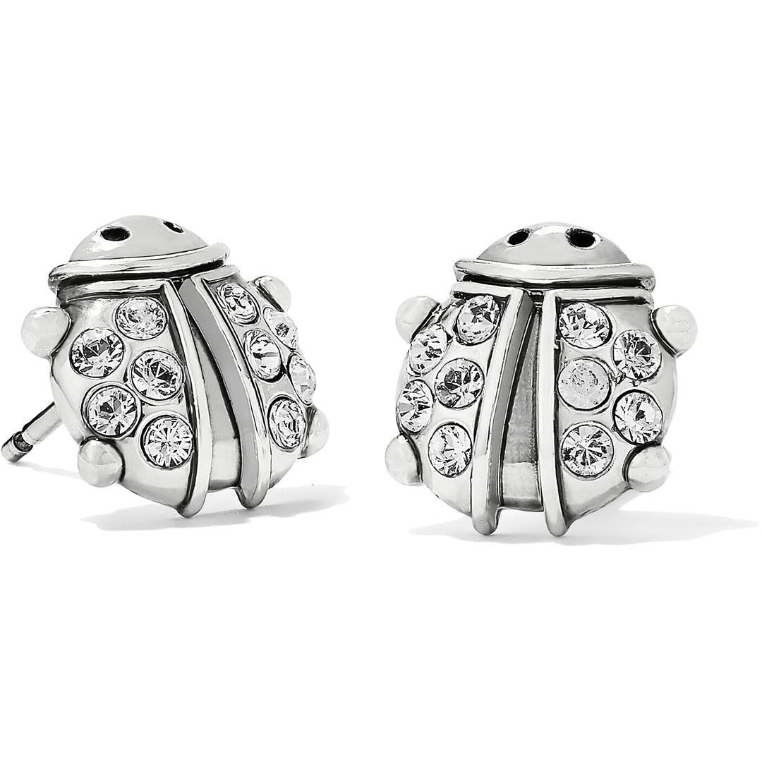 Silver plated Lady Luck Mini Post Earrings shaped like ladybugs with fine-quality crystal accents.