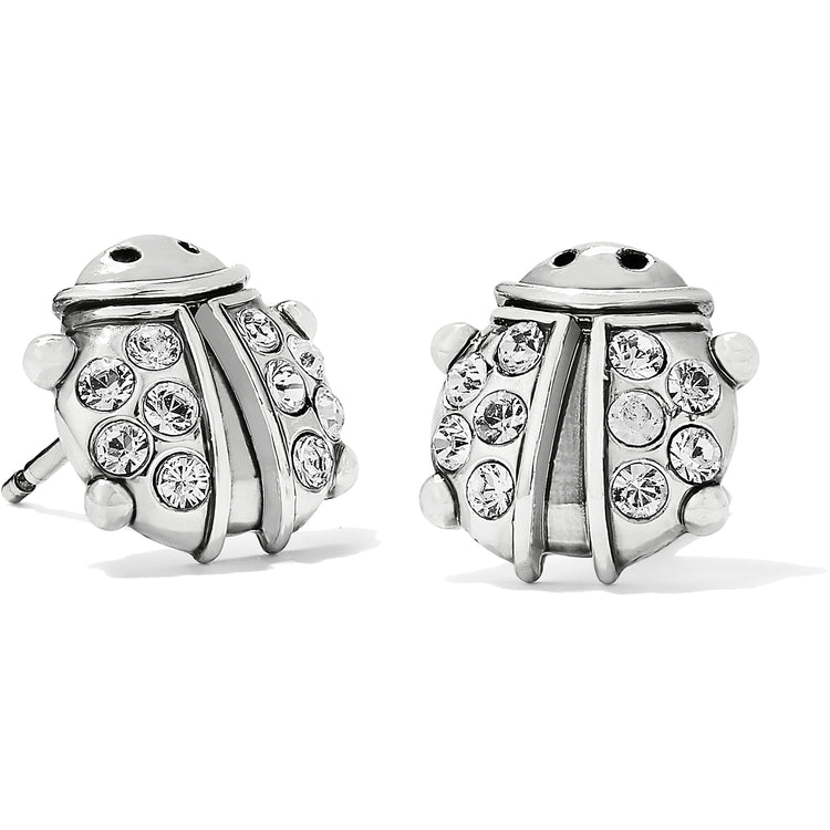 Silver plated Lady Luck Mini Post Earrings shaped like ladybugs with fine-quality crystal accents.