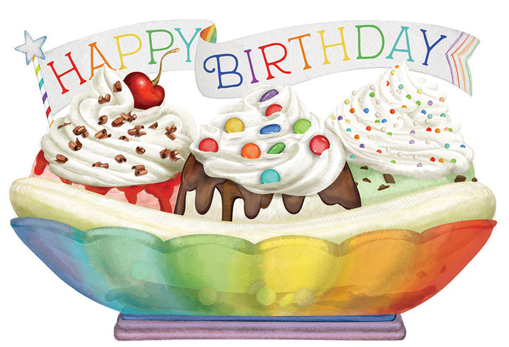 Happy Birthday greeting card featuring a rainbow banana split with whipped cream, cherry, and sprinkles.