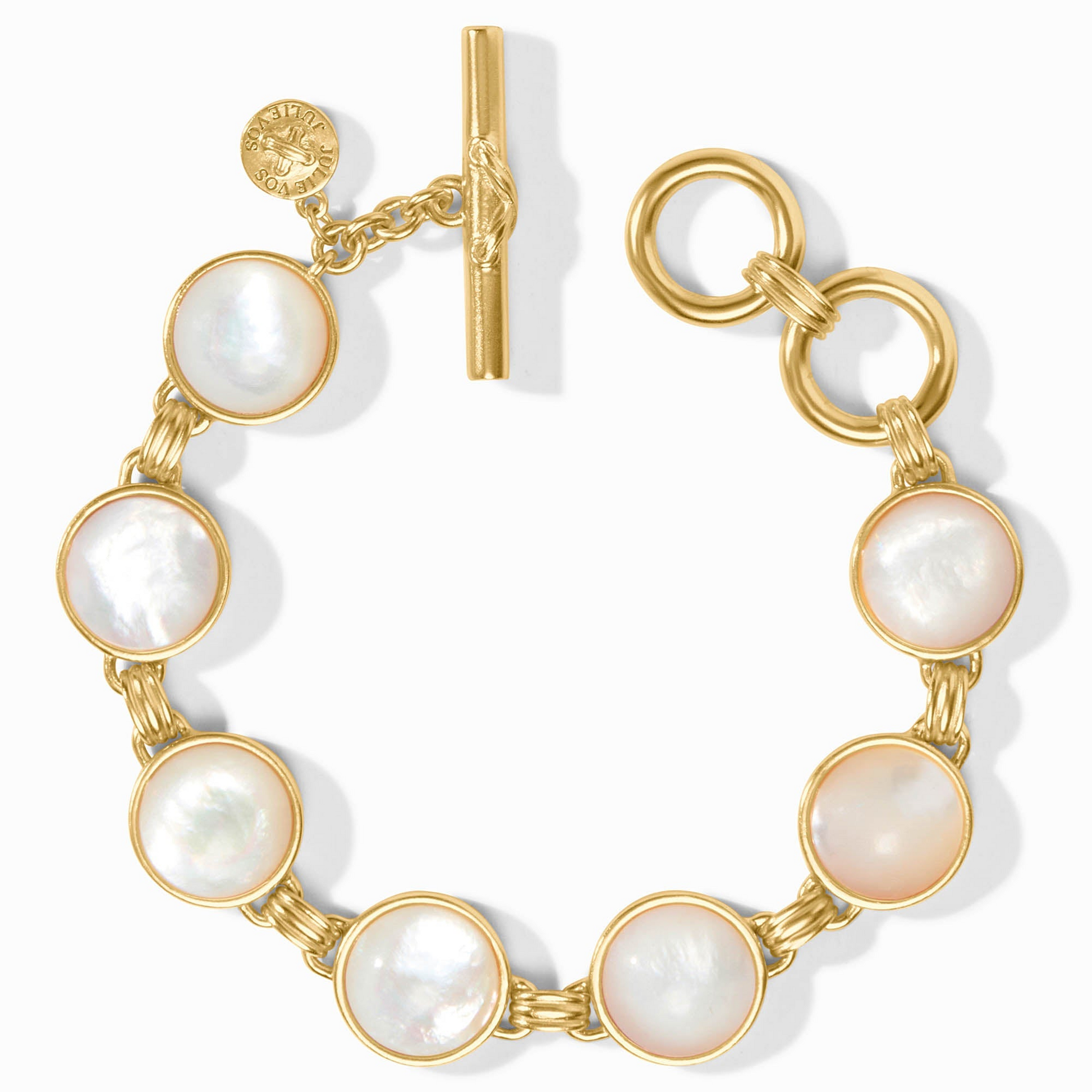 Gold Essex Stone Bracelet with seven round white mother of pearl stones and a toggle closure.