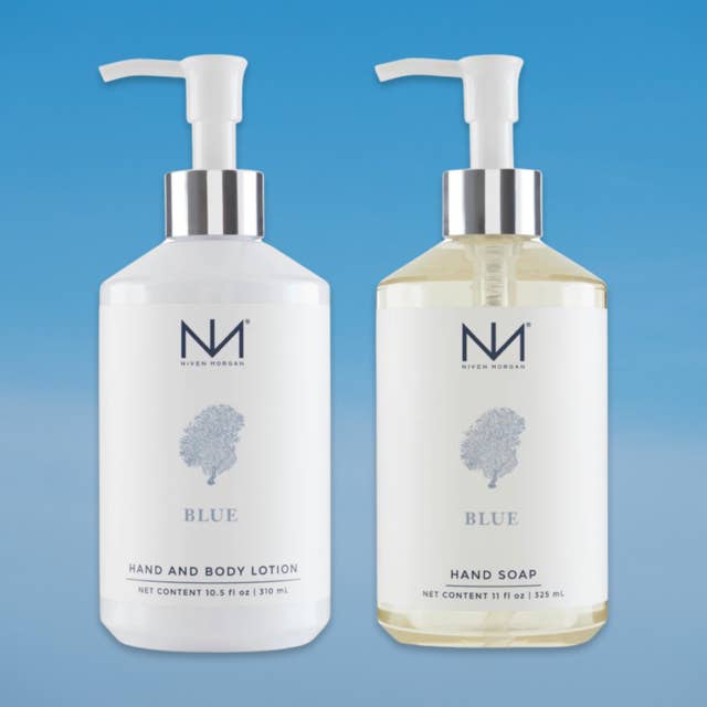 White Organza drawstring bag containing blue hand soap and lotion set.