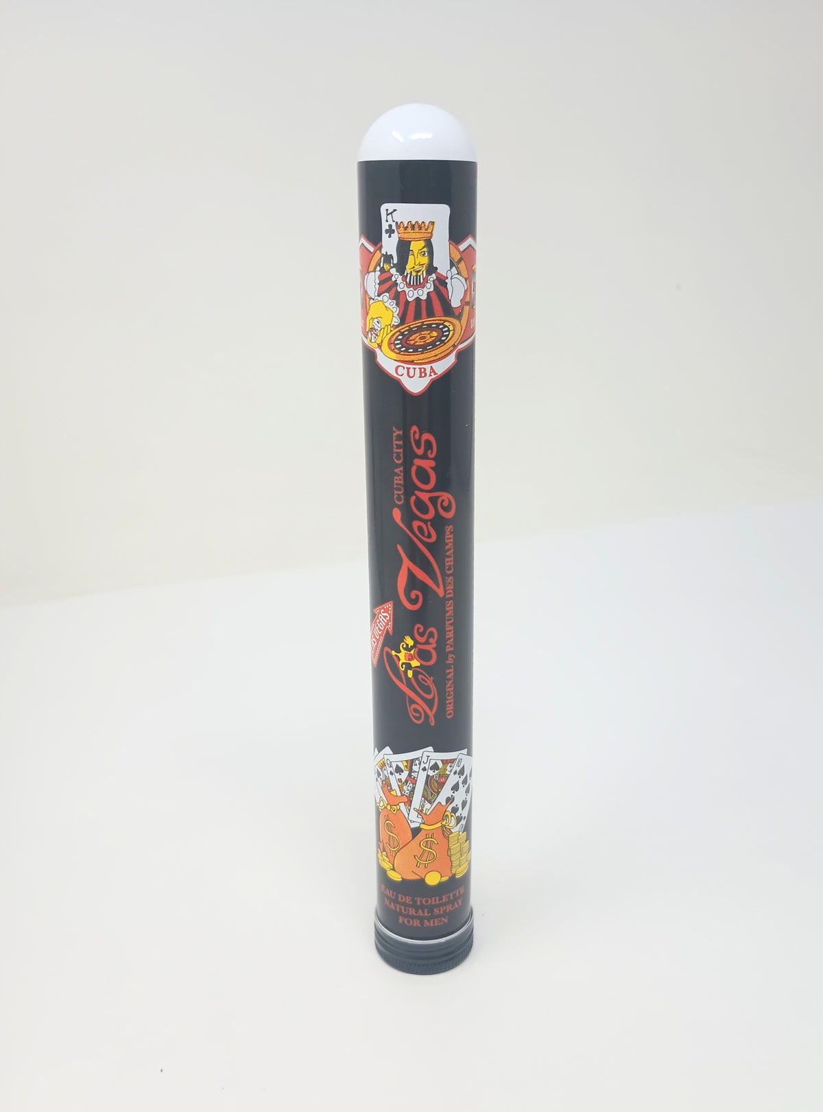 Cuba City Las Vegas Eau de Toilette for Men in a black cigar-shaped tube with casino graphics.