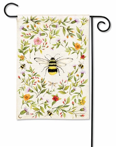 Garden flag with a vertical rectangular shape featuring colorful floral patterns on a fabric background.
