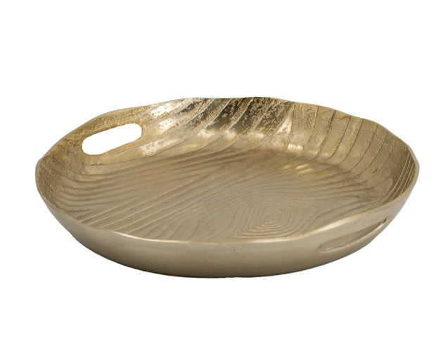 Round gold vintage aluminum serving tray with a timber-style finish.