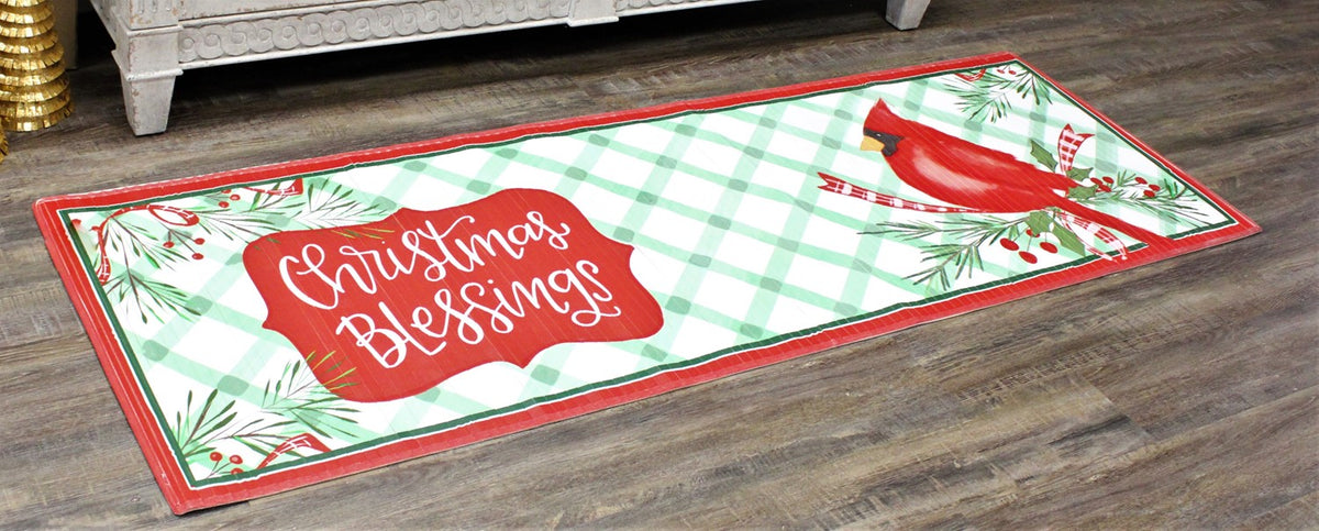 Bamboo floor runner with Christmas Blessings Cardinal text in red on a natural wood surface.