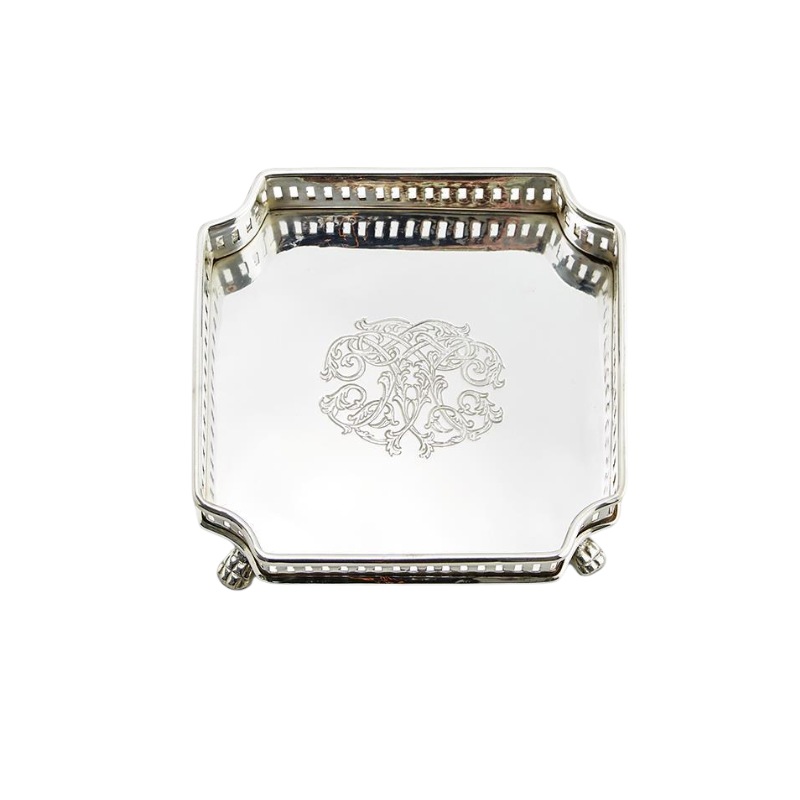 Square silver-plated brass gallery tray with an engraved center design and pierced rim.