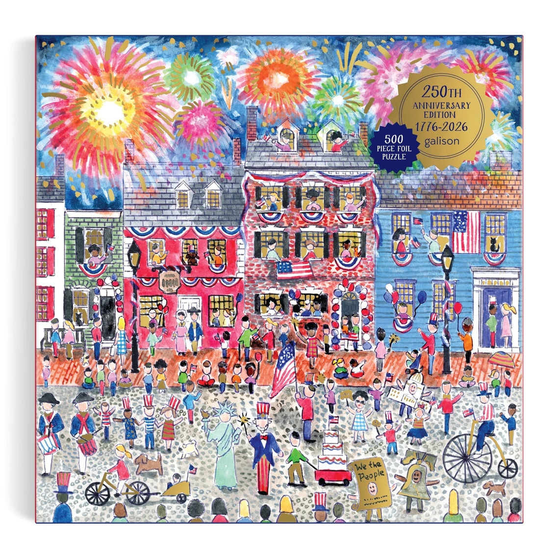Michael Storrings Celebrate the USA foil puzzle featuring fireworks and American flags on greyboard.