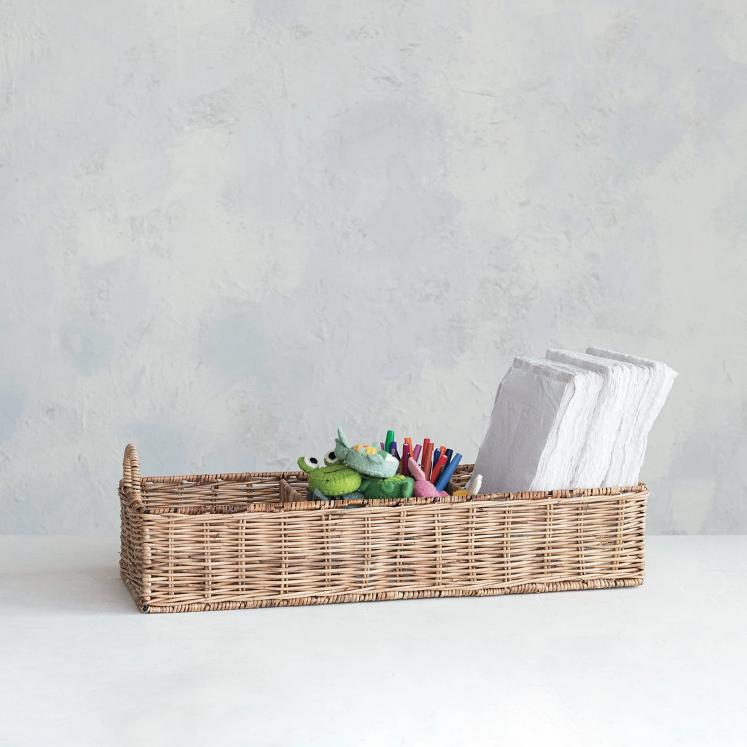 Hand-Woven Rattan Basket w/ 3 Sections & Handles - Natural