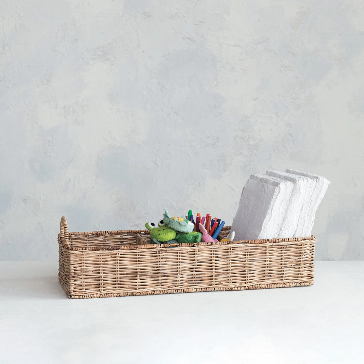 Natural rattan rectangular basket with three sections and handles