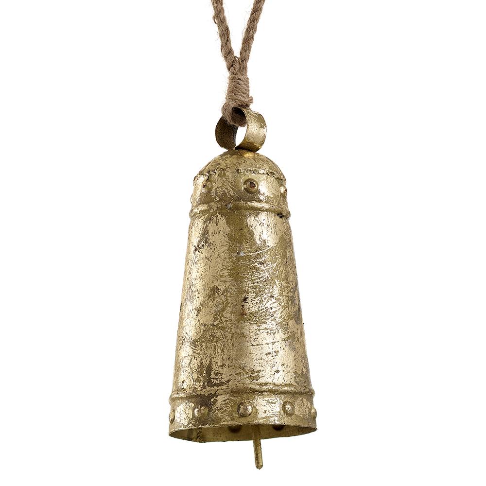 7-inch bell ornament made of iron with jute accents in a natural finish.