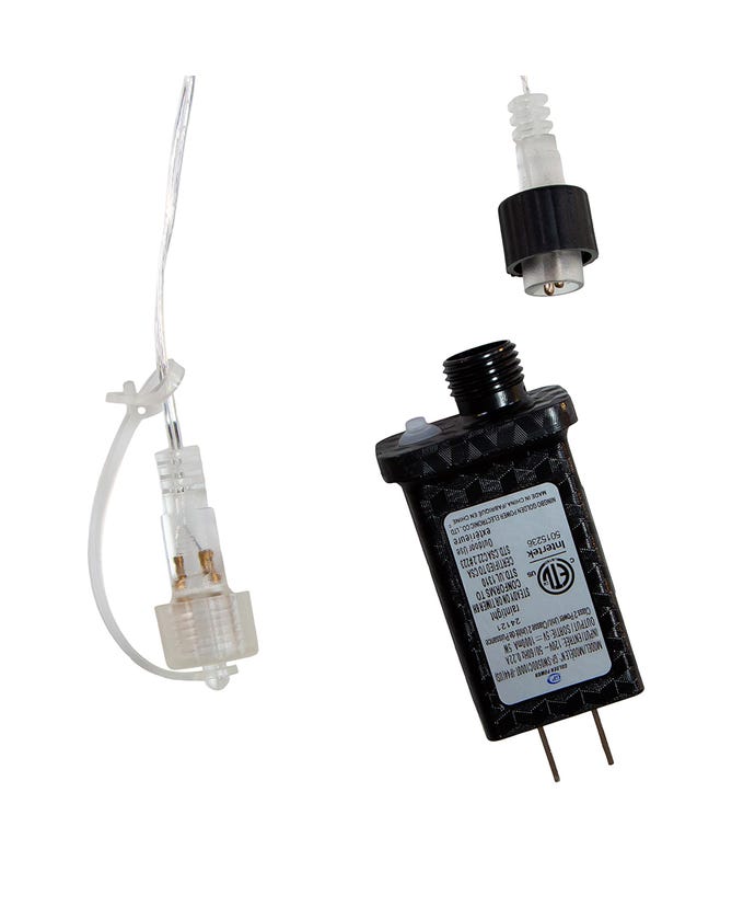 Ten cool white LED icicle lights on a plastic and copper wire with an UL adapter connector.