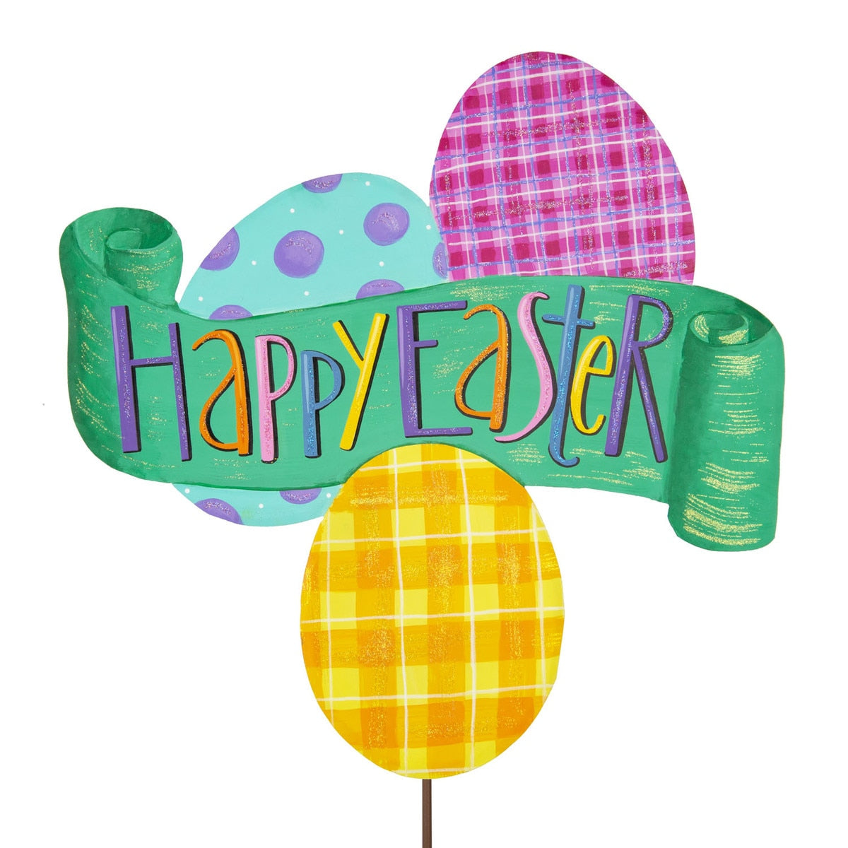 Happy Easter egg banner sign with a white background featuring colorful illustrated eggs in blue, pink, yellow, and green.
