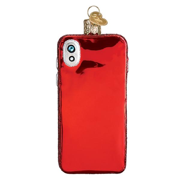 Red glass smartphone Christmas ornament with silver camera detail and gold hanging loop.