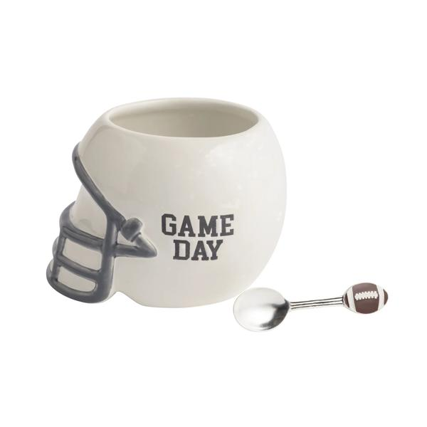 White ceramic football helmet dip bowl with 'GAME DAY' text and a silver spoon with a football icon.