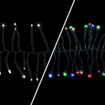 250L Cluster Sparkle Garland Light Set showing warm white and RGB color options on a green cord.