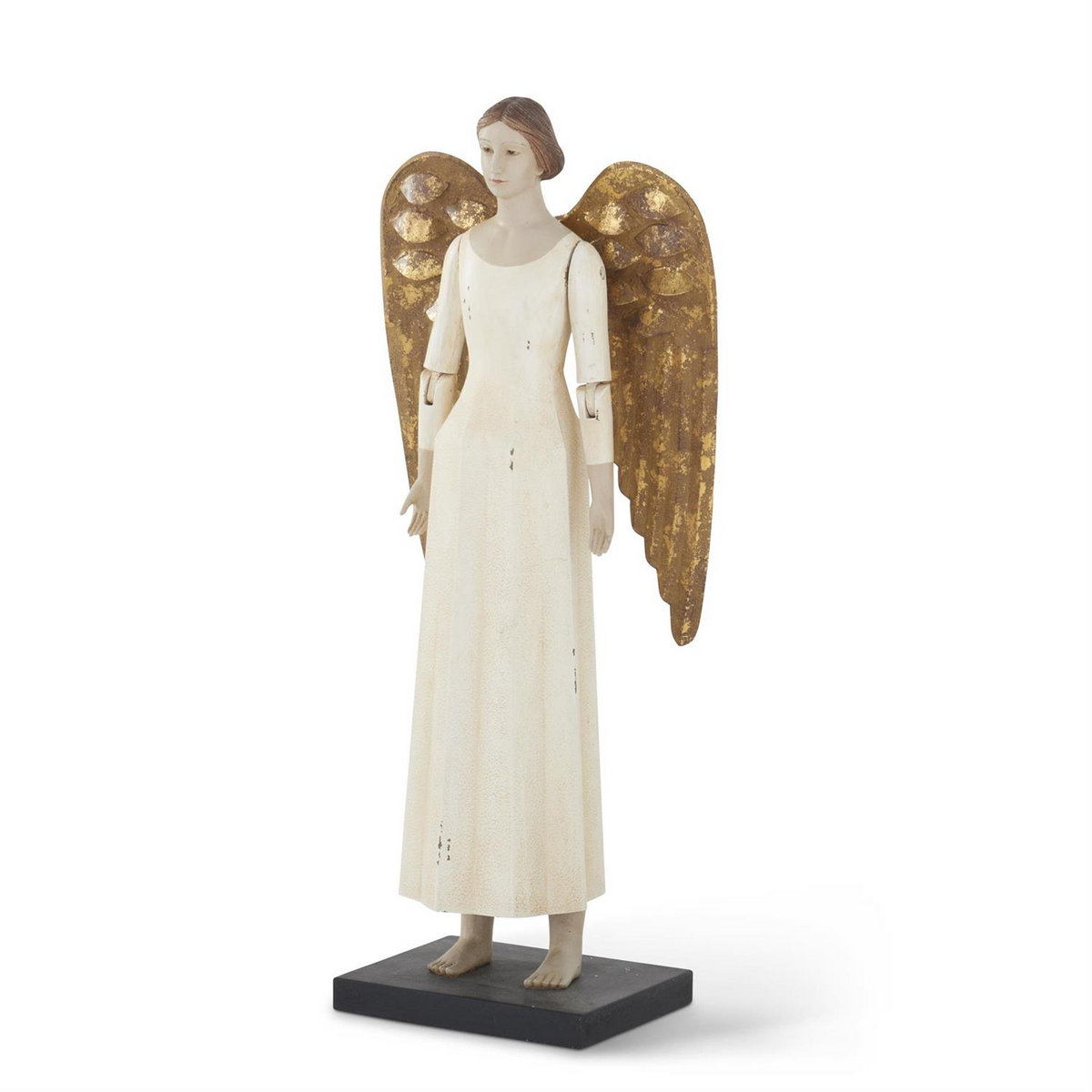 19.25-inch cream-colored angel figurine with articulated arms and gold-toned tin wings.