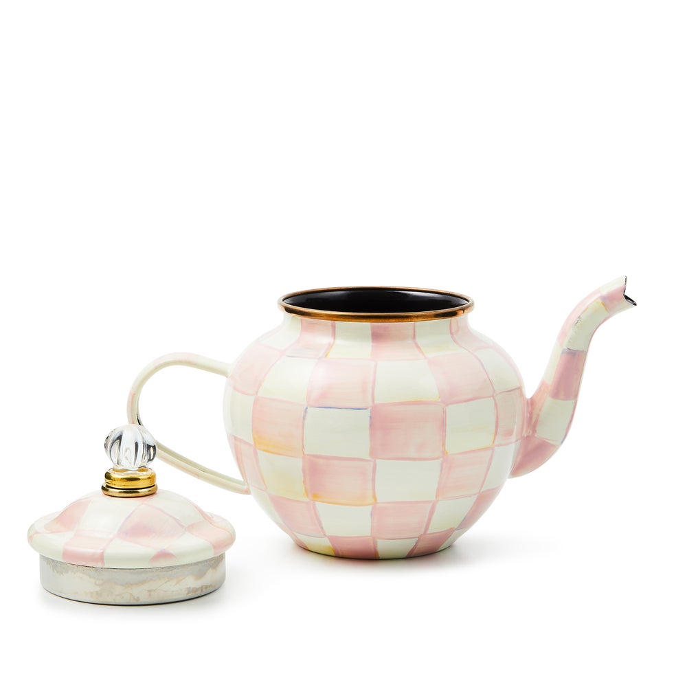 Hand-glazed steel teapot with hand-painted rosy check pattern on a bronzed stainless rim and glass finial lid.