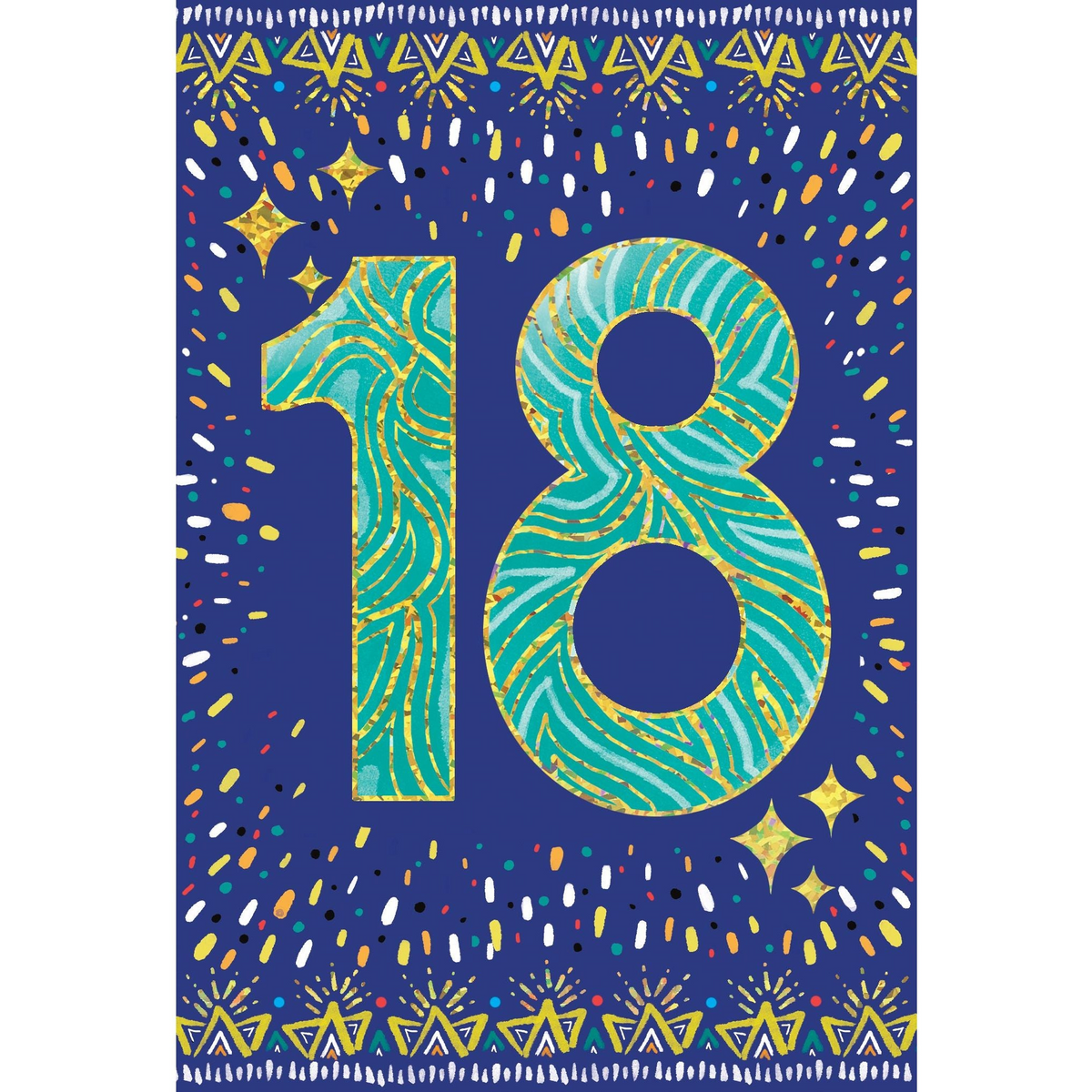 18th birthday card featuring a large teal and gold number 18 on a dark blue starburst background.