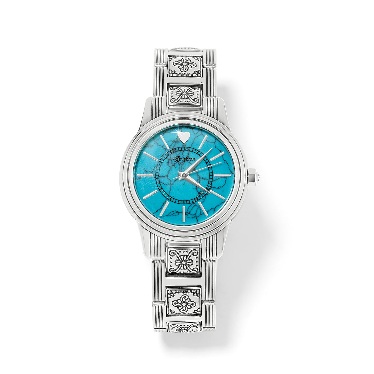 Silver-plated Santa Fe watch with turquoise accents on a fold-over clasp strap.