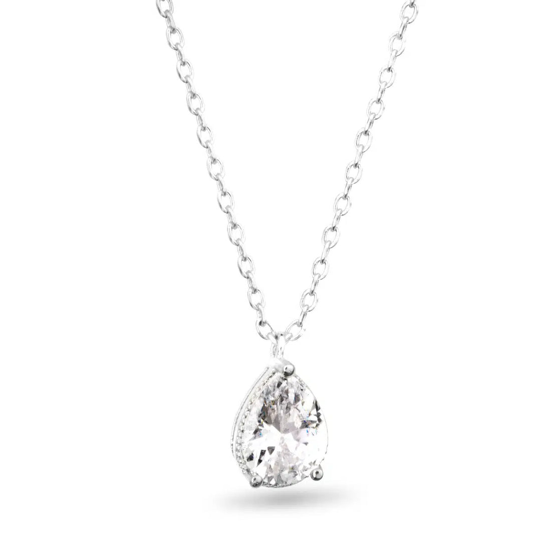 Silver necklace featuring a pear-shaped cubic zirconia solitaire pendant on a delicate link chain.