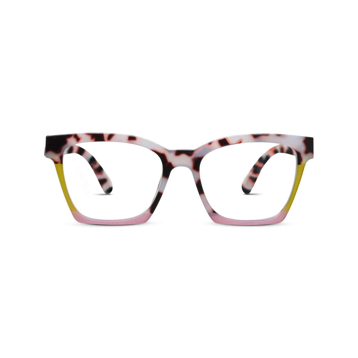 Birdie eyeglasses with bright blue accents on the bottom frame rim