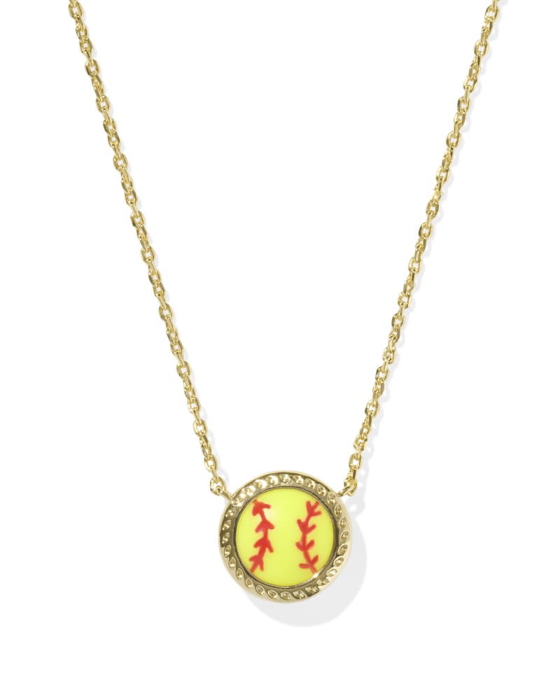 Gold chain necklace featuring a round chartreuse magnesite softball pendant with red stitching.