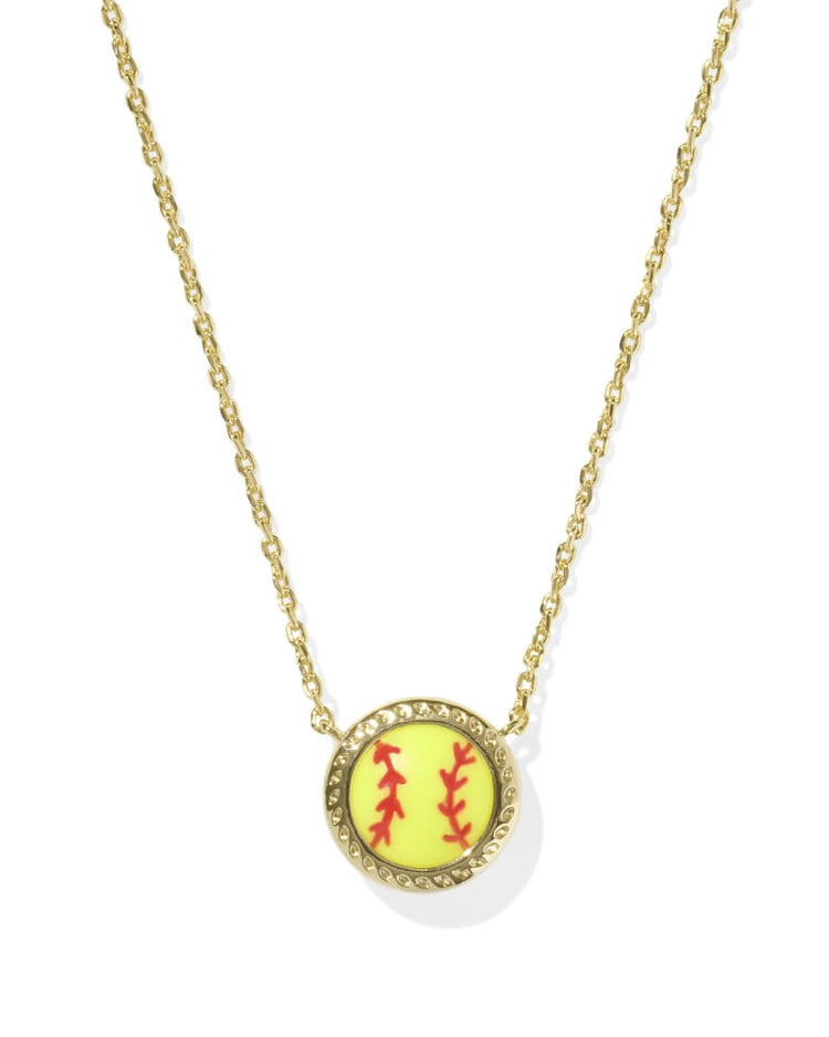 Gold chain necklace featuring a round chartreuse magnesite softball pendant with red stitching.