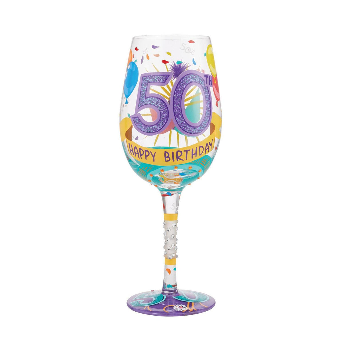 Colorful Lolita wine glass with hand-painted designs, glitter accents, and a cocktail recipe printed on the base.