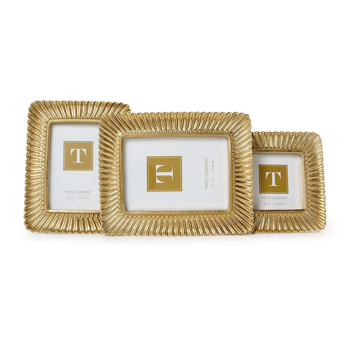Three gold sculpted scalloped plume photo frames in various sizes displayed together.