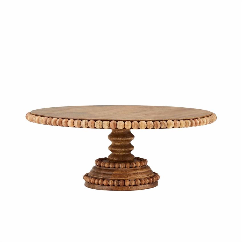 Round mango wood pedestal tray with beaded edge detail