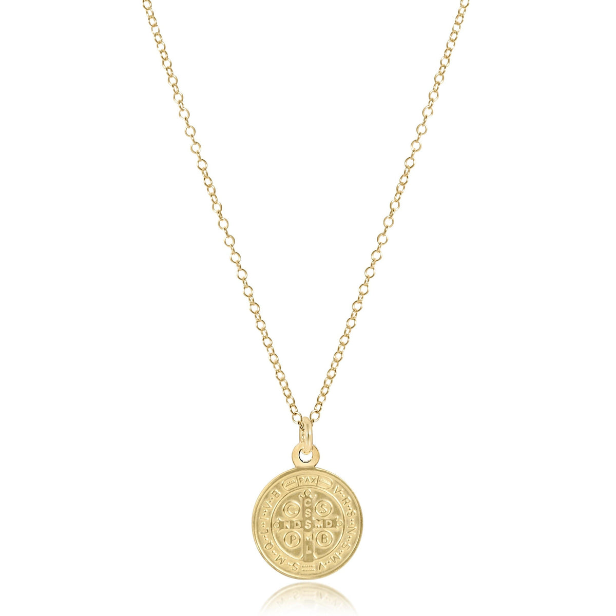 16-inch 14kt gold-filled chain necklace with a 12mm Saint Benedict blessing disc pendant.