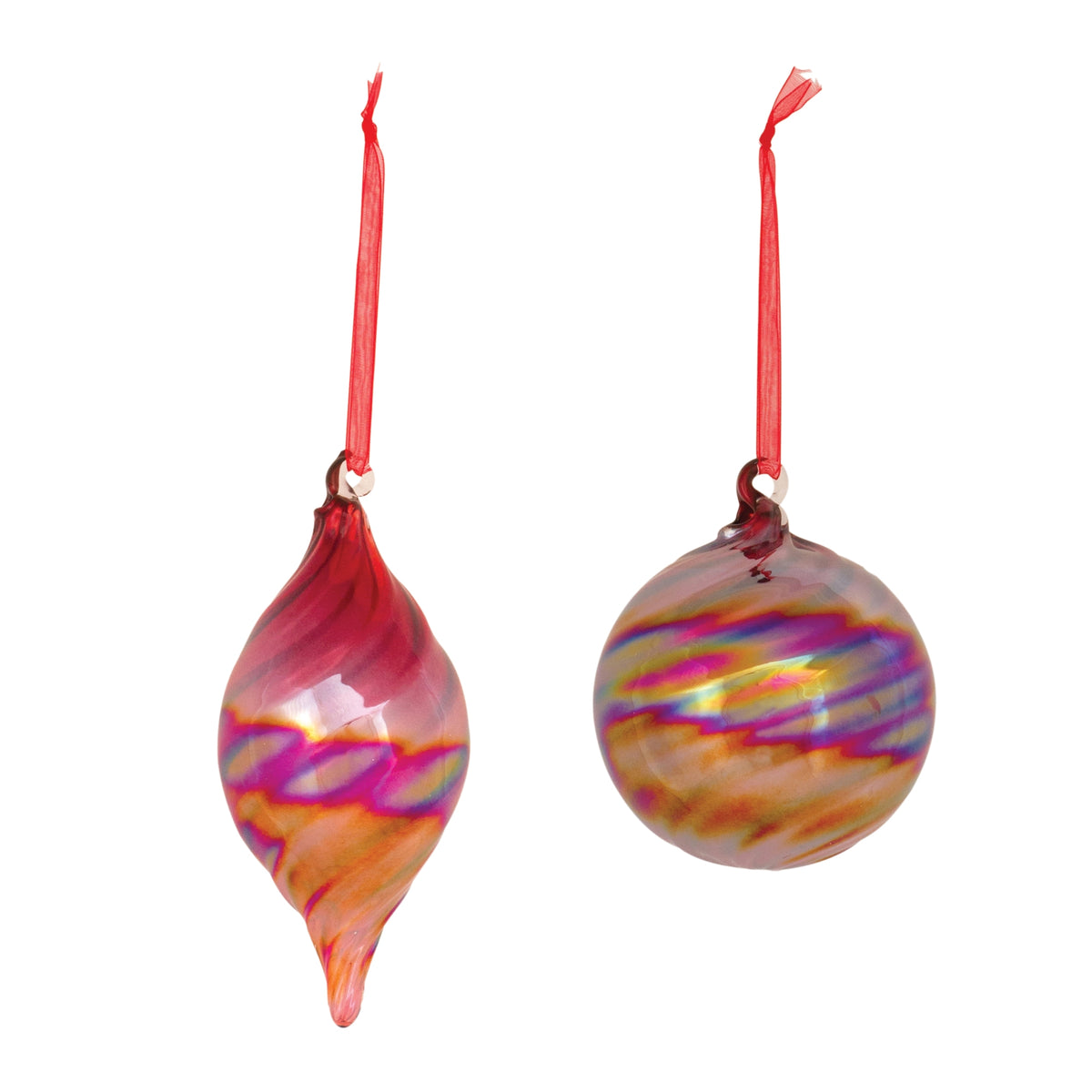 Two iridescent glass ornaments in teardrop and round shapes with red hanging ribbons.