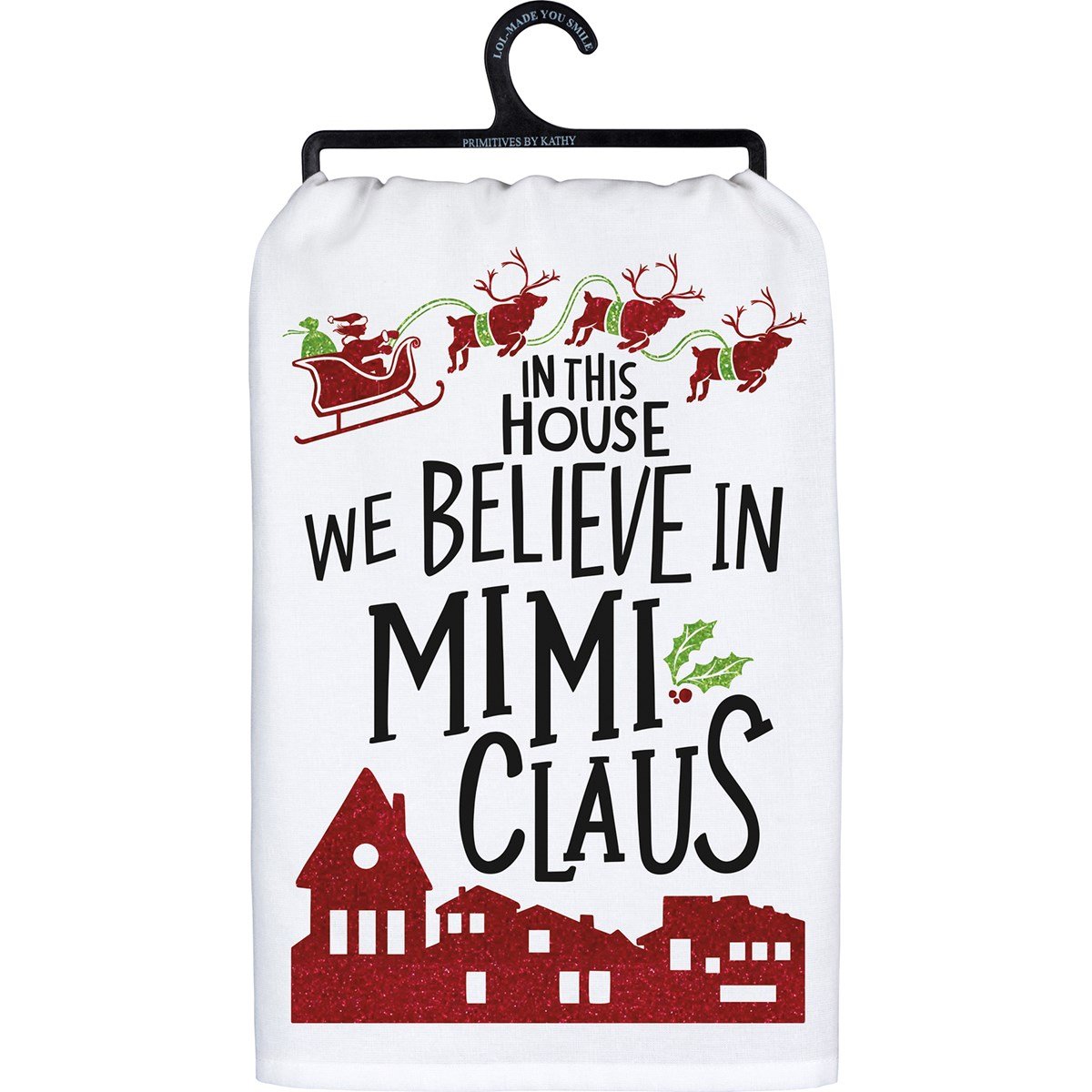 Black cotton kitchen towel with white text reading 'Remember As Far As Anyone Knows We Are A Nice & Normal Family'.