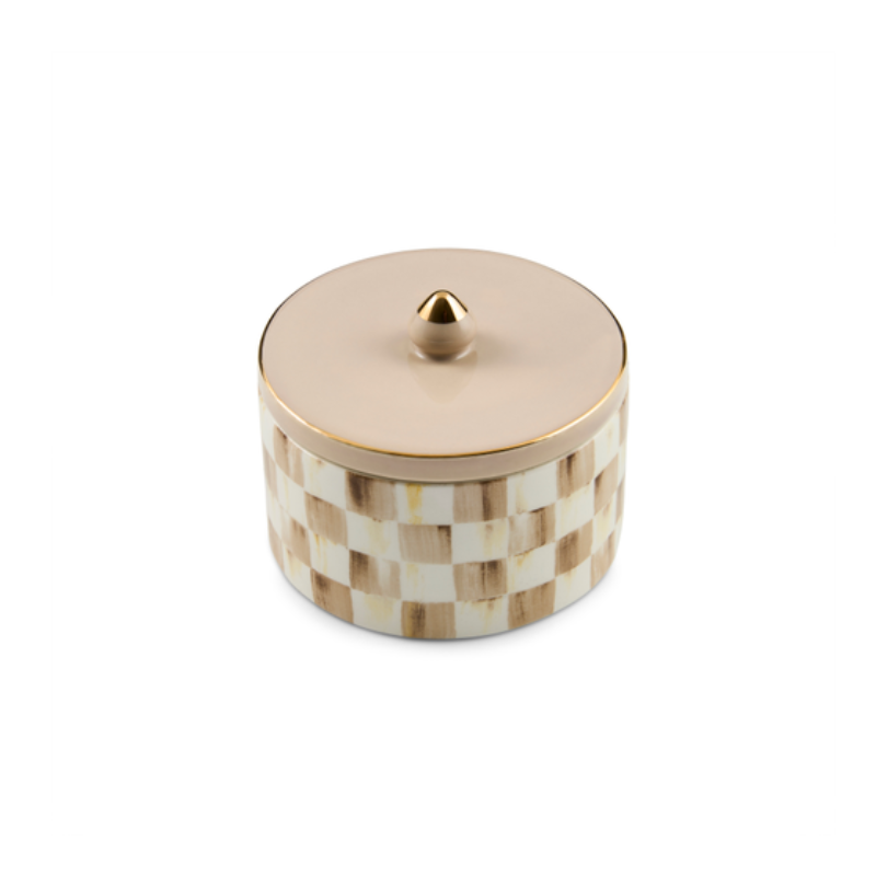 Mocha Check Trinket Box with a hand-painted brown and white checkered pattern and gold-tipped lid.