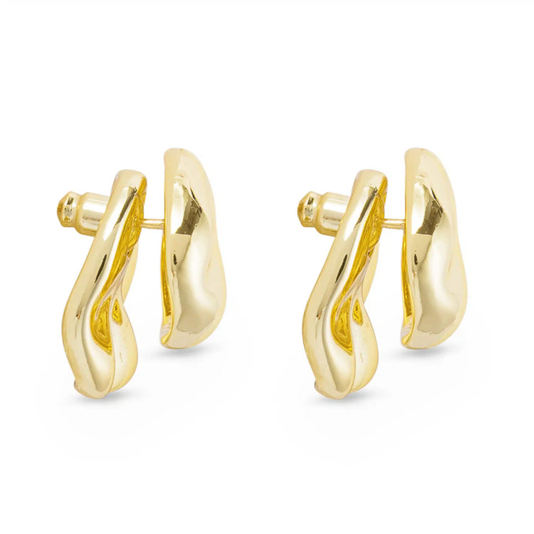 Gold polished hammered jacket earrings with a modern, wavy organic shape and high-shine finish.