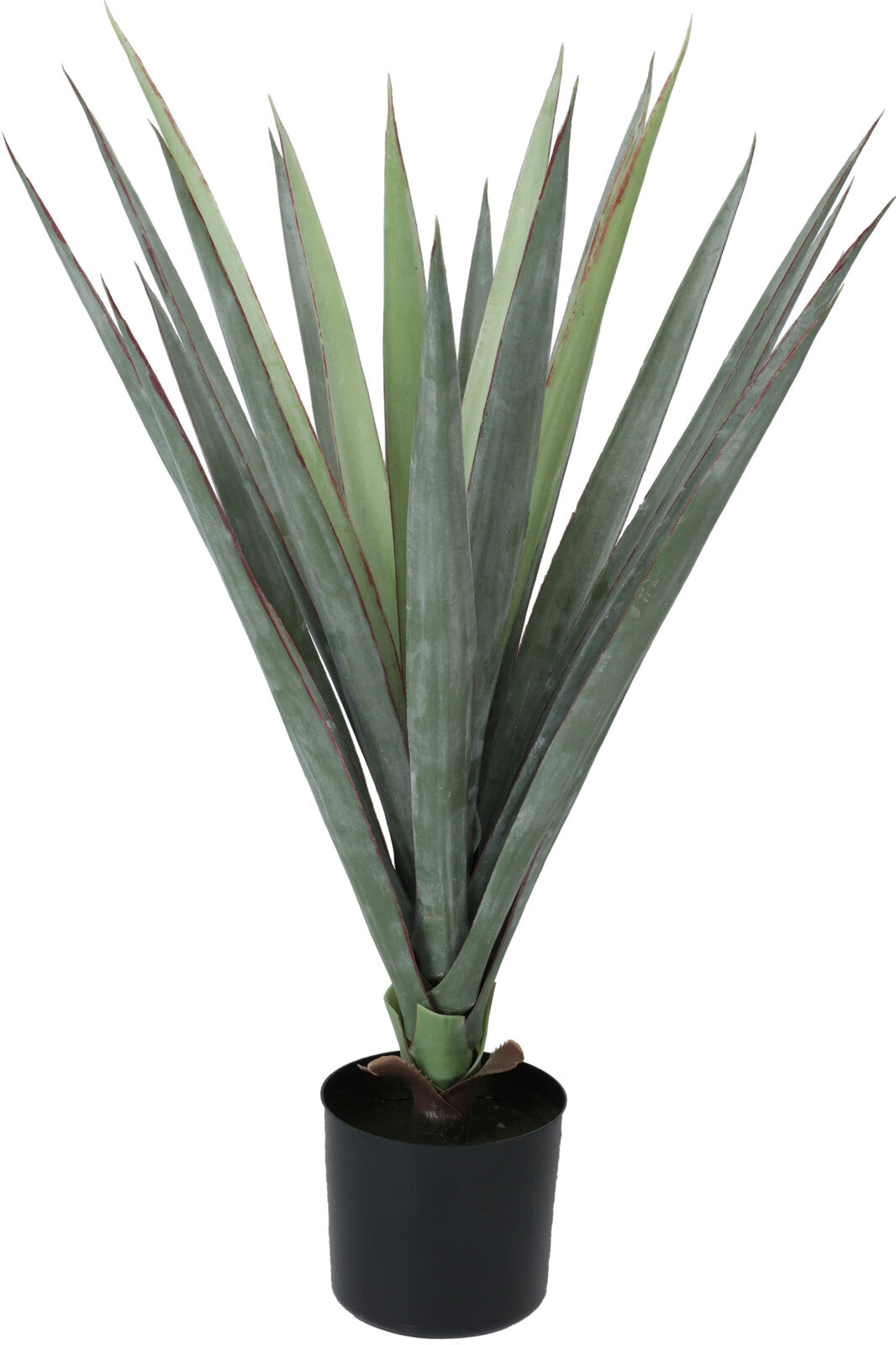 Artificial sisal plant with long, pointed green leaves in a simple black pot.