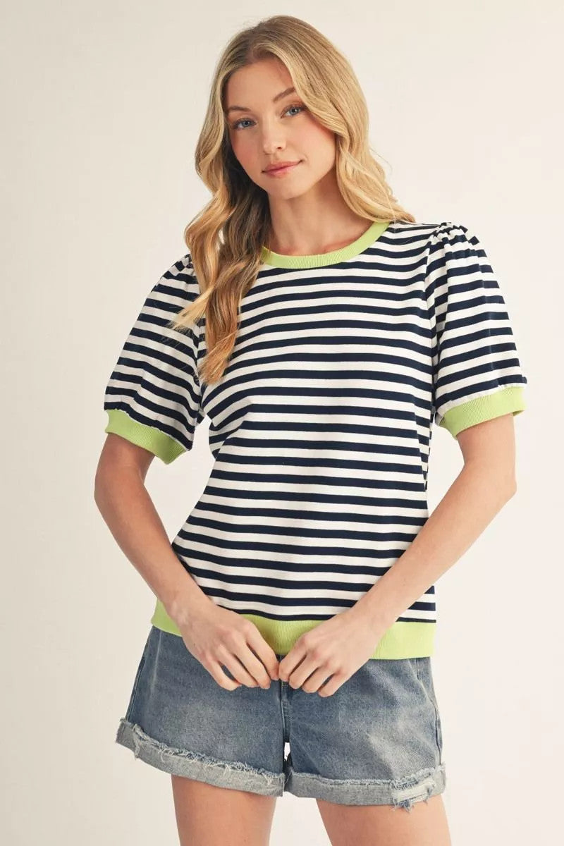 Avery Short Puff Sleeves Stripe Top