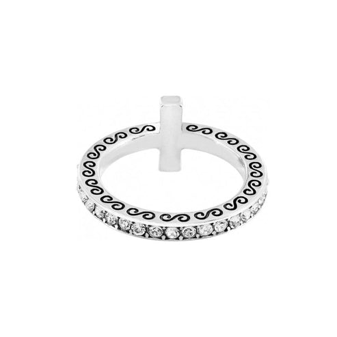 Silver plated Starry Night Ring with fine-quality crystals and black scroll pattern.
