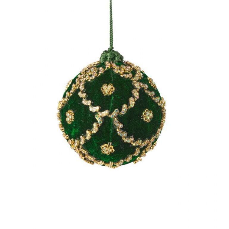 4-inch green velvet ball ornament with gold scalloped jeweled patterns and floral accents.