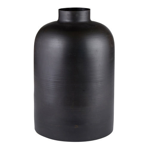 Black metal vase with a sleek cylindrical silhouette